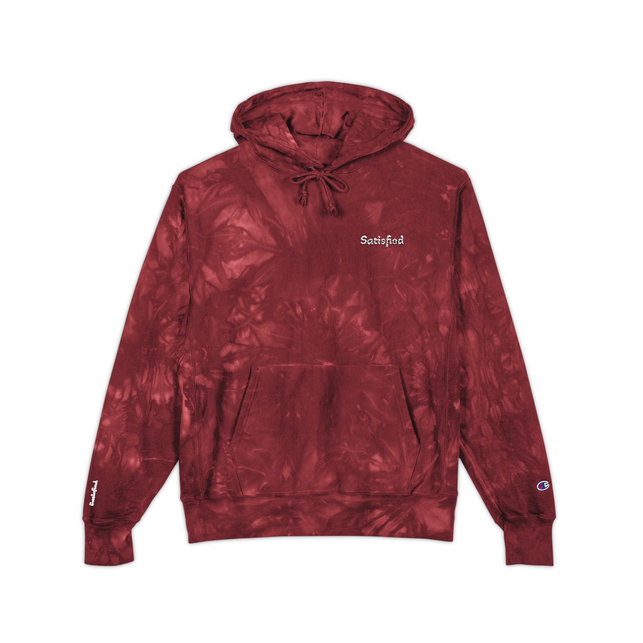 Maroon tie-dye hoodie with Champion logo on a white background